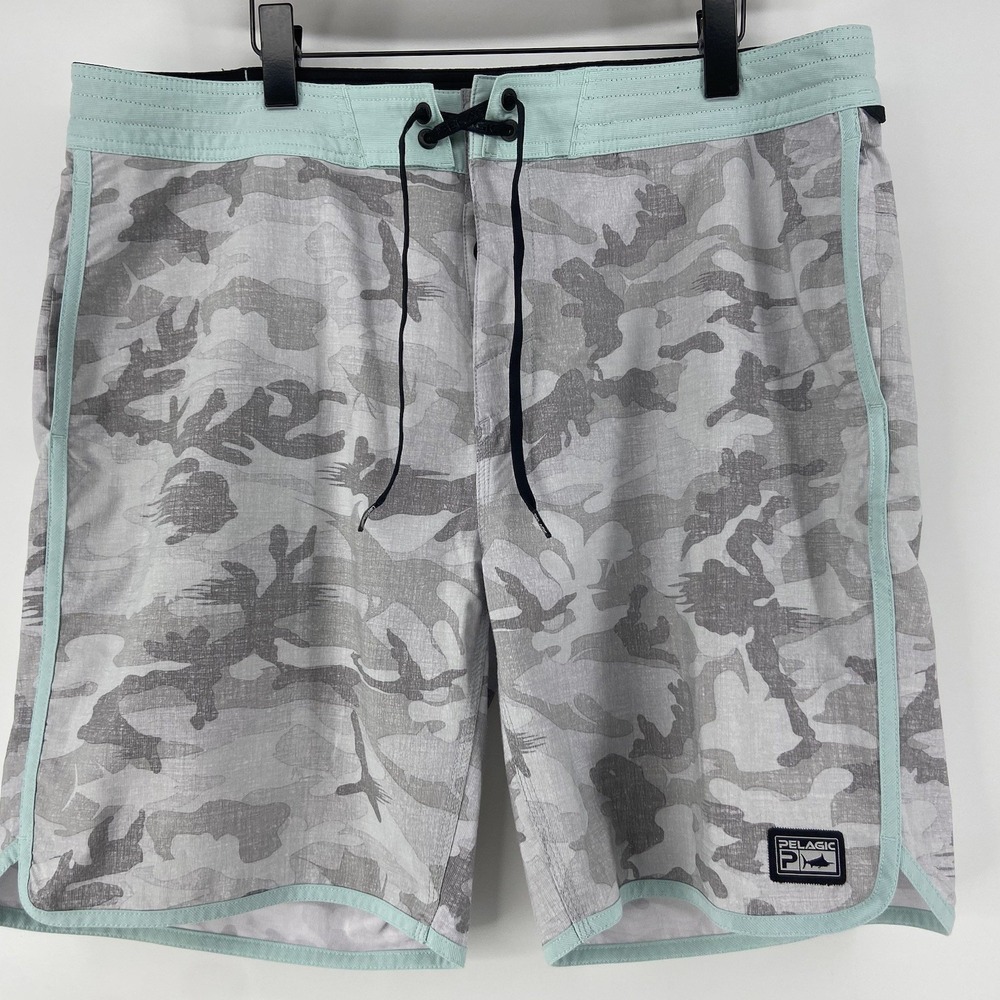 Pelagic Shorts Men 38 Gray Camo High Performance Fishing Board Swim Suit Surf 9"